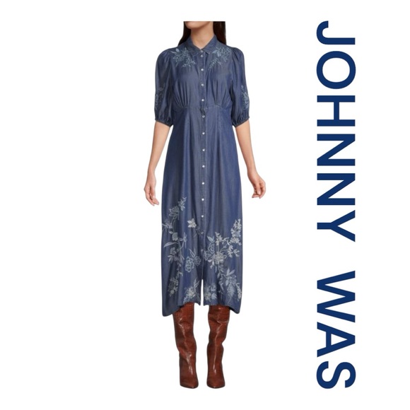 JOHNNY WAS Jacqueline Puff Sleeve Midi Shirtdress, Size S. - Picture 1 of 9